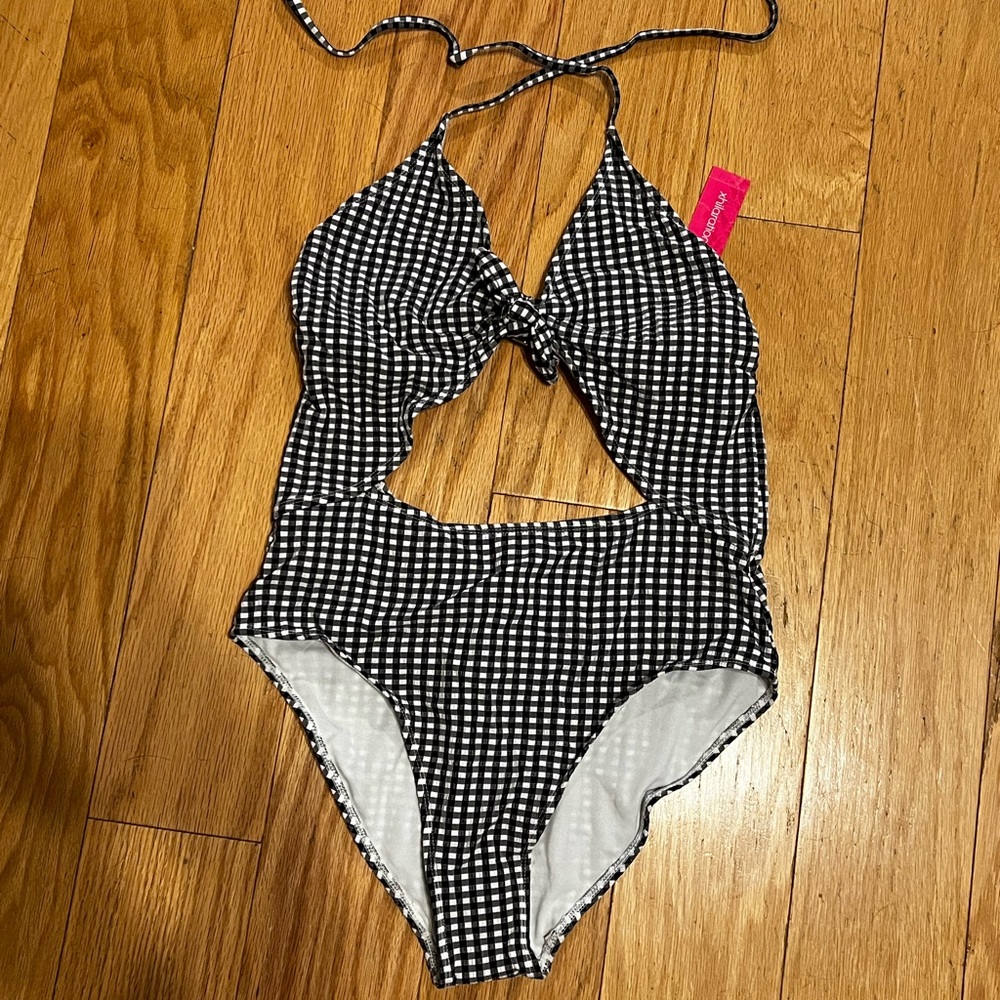 Checkered halter one piece swimsuit